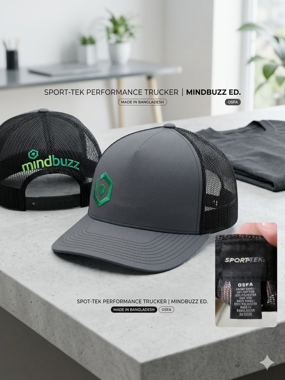 Sport-Tek Mindbuzz Corporate Swag Trucker Hat Gray Green Mesh Snapback